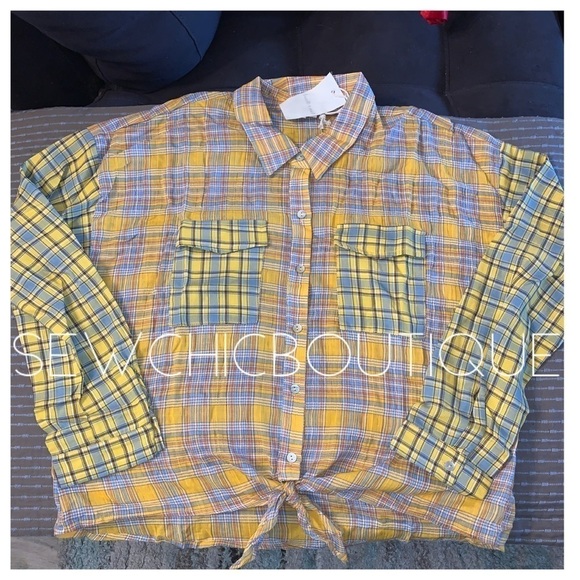 Mustard Plaid Contrast Front Tie Pocket Shirt - Picture 6 of 8